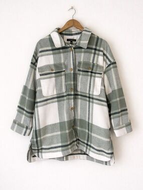 Banana Republic Plaid Shacket Jacket Green White Button Front XL